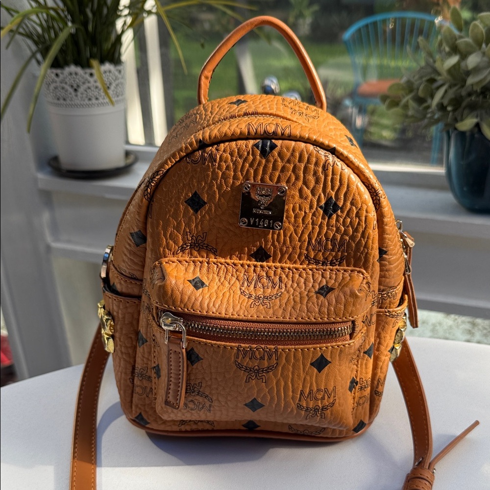 Authentic Mcm Cognac Leather Small Backpack Cross… - image 1